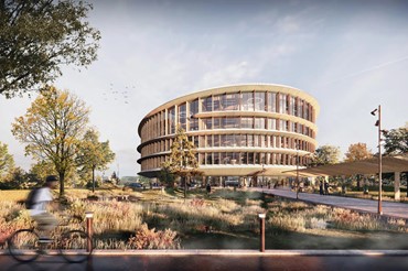 Det foreløbige design af Grundfos' kommende hovedkvarter i Bjerringbro, som bæredygtighedscertificeres som DGNB Platin og skal opfylde krav til LEED Platin. Illustration: Grundfos